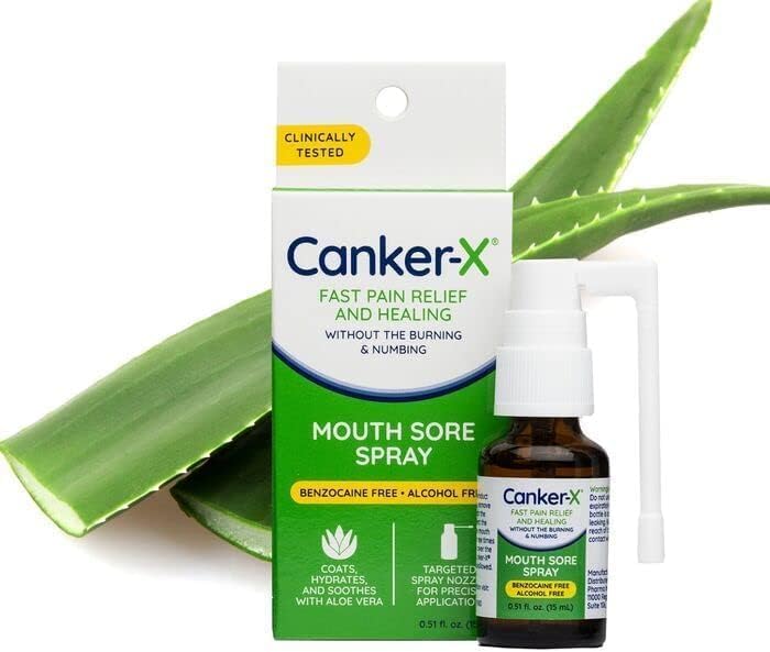 Canker-X Mouth Sore Spray, Oral Pain Relief from Canker Sores, Burns & More, No Burning & Numbing, Benzocaine-Free & Alcohol-Free Mouth Ulcer Treatment, Targeted Spray Nozzle, 0.51 Fl. Oz.