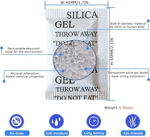 50PCS 5 Gram Silica Gel Packets, Premium Moisture Absorbers, Desiccant Packs for Storage Clothes, Shoes, Electronics, 3D Filament, Safes, Rechargeable Humidity Packs, Dehumidifier Bags, Silica Packets