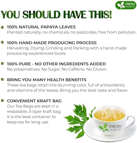 FreshDrinkUS, Premium 40 Papaya Leaf Tea Bags, 100% Natural & Pure from Papaya Leaves. Loose Leaf Herbal Tea. Made with Natural Material Tea Bags. No Sugar, No Caffeine, No Gluten, Vegan.