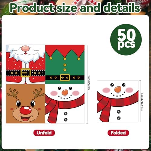 50 Pcs Christmas Napkins 6.5 x 6.5 inch, Xmas Winter Snowman Reindeer Elf & Santa Belt Paper Napkins Disposable Holiday Beverage Cocktail Napkins for Dinner Winter Christmas Party Decorations