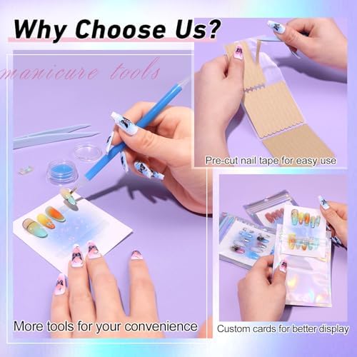 100PCS Press on Nail Packaging Bag, 100PCS Display Card with 231 Pcs Pre-cut Adhesive Tape & Diamond Art Pens & Glue Clay & Tweezers, 6-in-1 Set for Nail Display (Laser)