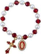 Stretchy Virgin Mary Bracelet with Cross Charm - Multi-Color Pearl Crystal Beaded Catholic Religious Jewelry for Women, Christian Gift for Baptism Confirmation First Communion