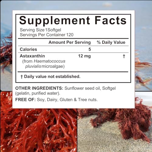Astaxanthin 12mg, 120 Softgels, Max Strength Antioxidant with Coconut Oil, Natural Formula, High Absorption for Eye & Skin Support, Natural Formula, Non-GMO, Gluten Free