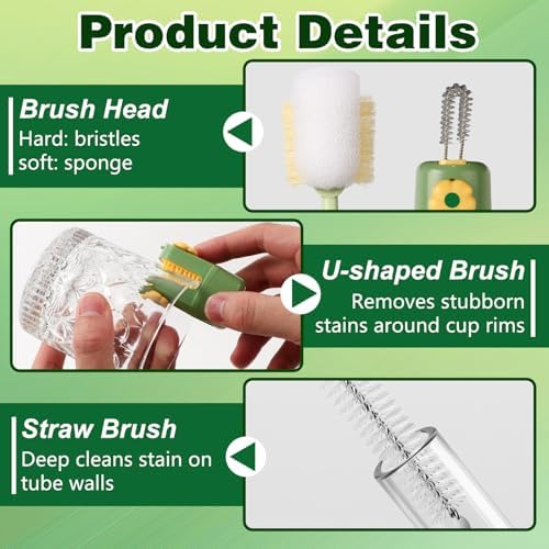 5-in-1 Bottle Cleaning Brush Set,Multifunctional Bottle Brush Cleaner,Bottle Brush Set,Long Handle Water Bottle Cleaner Brush,Straw Cleaner Brushs for Bottles Tumblers Glass Cups (Yellow+Green)