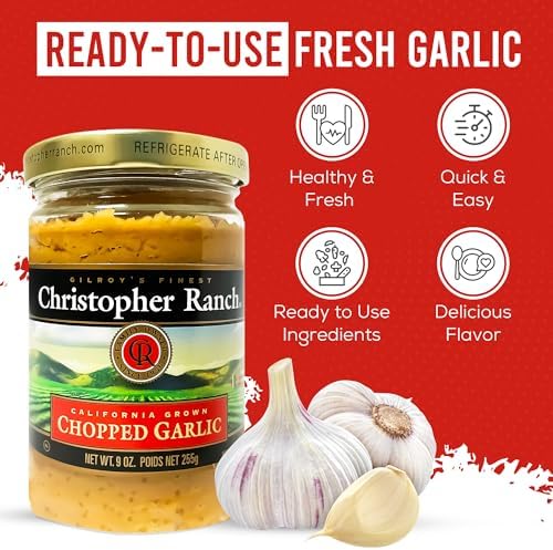 Christopher Ranch Chopped Garlic in Olive Oil, California-Grown Fresh, Ready-to-Use, Premium Quality, Gluten-Free, Vegan-Friendly, Pantry Essential, 9 oz Jar