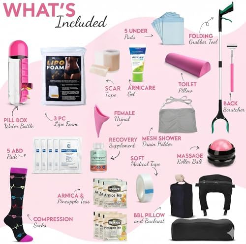 BBL Plus Post Surgery Supplies Kit with SurgiSupport | 34-Piece After Surgery Recovery Set with Lipo Foam, ABD Pads, BBL Backrest Pillow & More