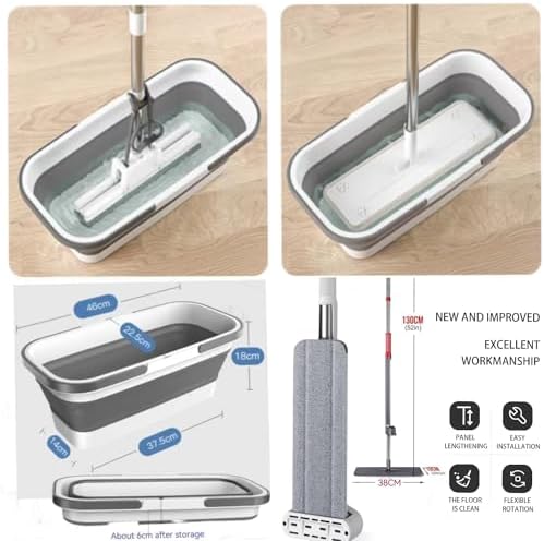Large Flat Mop and Scalable Bucket with Wheels，360° Rotating Microfiber Dust ，Mop with Dewatering Scraper，54" Adjustable Stainless Steel (1 Mop + 4 Microfiber Pads + 1 Bucket)