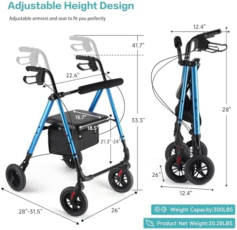 Ambliss Rollator Walker with Seat & Tray - 300 lbs Capacity, 8" All-Terrain Puncture-Proof Wheels, Detachable Front Tray for Dining, Dual Height Adjustable, Lightweight Folding Walker for Seniors