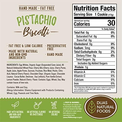 DIJAS Natural Foods, Individually Wrapped Fat Free Biscotti Cookies, All Natural Preservative Free Ingredients, Delicious Low Calorie Snack (12 oz, Pistachio)