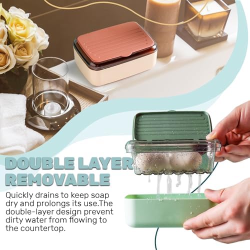 2Pcs Soap Dish Holder with Drainage Tray and Lid, 2 Layers Removable Bar Soap Case Container, Large Waterproof Soap Box for Shower Bathroom Sink, Pink+Green