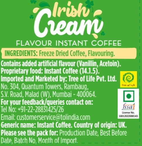 Beanies Flavour Instant Coffee - Irish Cream Instant Flavored Coffee - Bold & Adventurous Full-On Flavor - An Indulgent Sugar Free Taste Explosion - Low Calorie - Vegan & Gluten Free - Wheat & Dairy Free, 50g jar