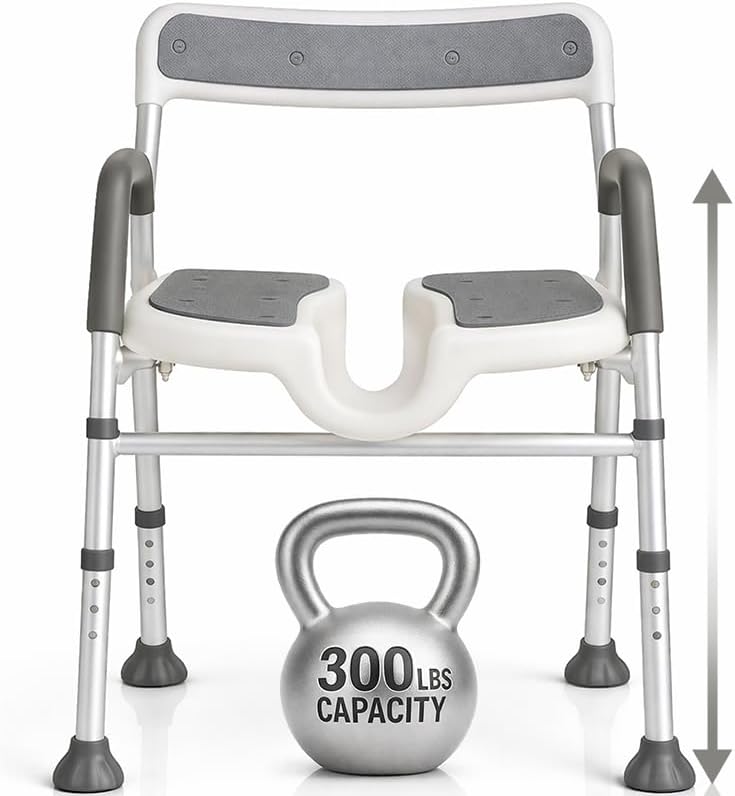 Vive Shower Chair for Elderly & Disabled - Handicap Bath Chair with Arms & U-Shape - Foldable, Adjustable Height - Padded Soaking w/Back & Drain Hole - Portable, Non-Slip, Safe Disability Aid