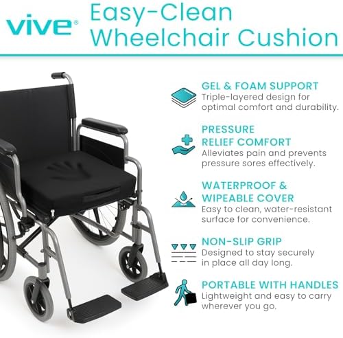 Vive Waterproof Wheelchair Cushion for Pressure Relief (16x16x3) - Washable Cover Incontinence Protection for Elderly Adults & Seniors - Memory Foam Gel Pad for Recliners, Office Chairs, Car, Travel