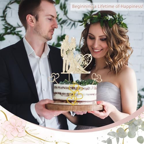 4PCS Wedding Cake Toppers Luxury Gold Bride and Groom Cake Topper Mr and Mrs with Crystal Rhinestones Heart Shape Reusable Metal Marriage Cake Decoration for Wedding,Engagement,Anniversary