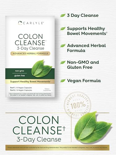 Carlyle Colon Cleanse | 12 Vegan Capsules | 3 Day Cleanse | Advanced Herbal Formula | Support Healthy Bowel Movements | Non-GMO and Gluten Free Supplement
