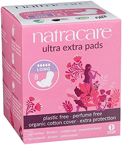 Natracare Ultra Extra Pads with Wings, Long, Individually Wrapped, Made with Certified Organic Cotton, Ecologically Certified Cellulose Pulp and Plant Starch (1 Pack, 8 Pads Total)