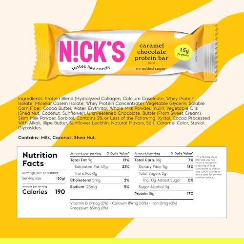 Nick’s Protein Bars Chocolate Caramel – 12-Count Box | Protein-Packed Snack, Low Calories, Low Carbs, Keto Friendly, No Added Sugar (12 bars x 50g)