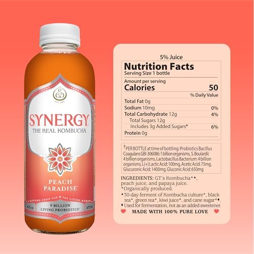 SYNERGY The Real Kombucha - Peach Paradise - 16 fl oz Bottle - Raw Probiotic Drink for Gut Health and Immune Support