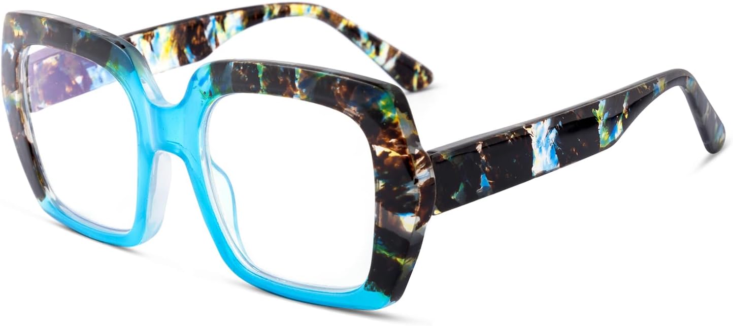 Square Oversized Reading Glasses Blue Light Blocking for Women Men, Stylish Readers with Spring Hinge,Dual-Tone Sapphire, 1.5