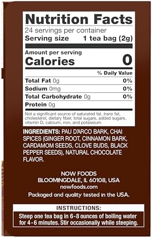 NOW Foods, Pau D'Arco Tea, A Traditional Herbal Experience, Overall Wellness, Premium Unbleached Tea Bags with No-Staples Design, 24-Count