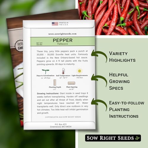 Sow Right Seeds - Tabasco Pepper Seeds for Planting - Non-GMO Heirloom Hot Pepper Variety - Grow Your Own Spicy Peppers - Used in New Orleans Hot Sauce - Perfect for Gardeners - High Yield (1)