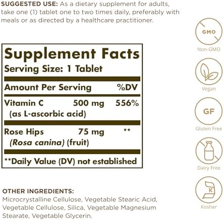 Solgar, Vitamin C 500 Mg with Rose Hips Tablets, 100 Count