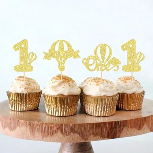 Ercadio 24 Pack Hot Air Balloon One Cupcake Toppers Gold Glitter Balloon One Cupcake Picks Balloon 1st Cupcake Picks for Hot Air Balloon Theme Birthday Baby Shower Party Decoration Supplies