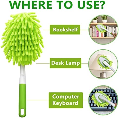 Microfiber Duster for Cleaning, Hand Washable Dusters with 4 pcs Replaceable Microfiber Head,Wet and Dry Use, Detachable Cleaning Supplies for Office, Car, Window, Furniture, Wall