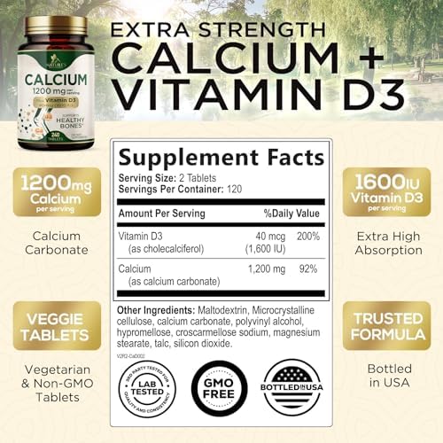 Calcium 1200 mg with Vitamin D3 - Per Serving - Bone Health Supplement - Vitamin D & Calcium Supplements for Women & Men - Bone Strength Support - Natural Calcium Pills - Bottled in USA - 240 Tablets