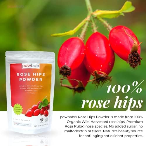 powbab Rose Hips Powder from 100% Wild Organic Rosehip. Premium Rosa Rubiginosa. Seedless Ground Rosehips from Whole Dried Rose Hips. No Added Sugar. Antioxidants. Fair Trade (16 oz)