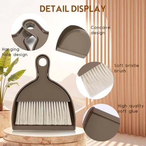 THINKLEARN 2PCS Small Broom and Dustpan Set, Mini Dust Pan and Brush, Hand Whisk for Pets, Kids, Desk, Home, Camping, Brown Cleaning Supplies