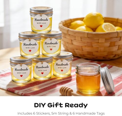 6 Pack Mini Mason Jars 2 oz Glass Jars with Lids, Small Glass Jars for Jam Ginger Shots Honey Spices Wedding Favors, Includes Labels, String & Handmade Tags