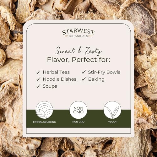 Starwest Botanicals Organic Ginger Root - Dried Ginger Herb for Tea, Baking, & Cooking, Cut and Sifted, Natural Herbal Spice, Certified Kosher, Non-GMO - Bulk 1 lb Bag