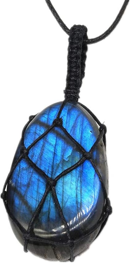 AITELEI Natural Labradorite Crystal Necklace Healing Chakra Pendant with Hand-Woven Rope Labradorite Palm Stone Moonstone Healing Stone Pendant