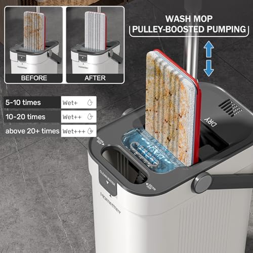 HoMettler Mop and Bucket Set, 3-Tank Flat Mop and Bucket System for Separate Dirty & Clean Water, 65" Mops for Floor Cleaning with 4 Washable Pads, Safe for Hardwood, Vinyl, Tile, Baseboards, Walls