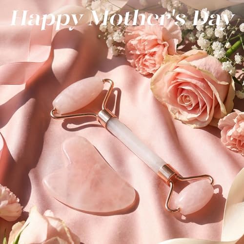 huefull Face Massager Rose Quartz Face Roller & Gua Sha Facial Tool Set, Muscle Tension Relief, Skin Care Gifts for Woman/Men, Skin Care Gifts