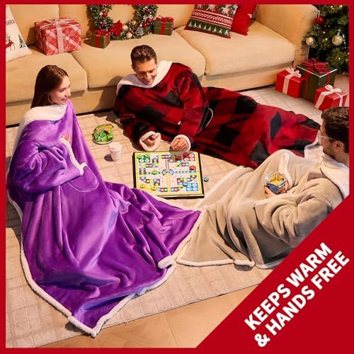 IFNOW Sherpa Wearable Blanket with Sleeves for Women Men Adults, Christmas Birthday Gifts for Women Mom Wife, Cozy Wearable Blanket with Arm and Pocket, Warm Full Body TV Wrap Throw Blanket, Plaid