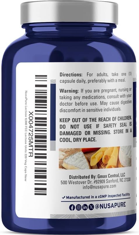 NusaPure Lactase Enzyme 9000 FCC, Lactase Unit, Suitable for Vegetarians/Vegan, Non-GMO, 220 Veg Capsules