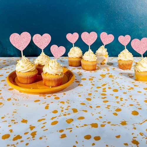 Gyufise 30Pcs Heart Cupcake Toppers Glitter Sweet Love Cupcake Picks Valentine's Day Cake Decorations for Wedding Engagement Bridal Shower Valentine's Day Party Cake Decorations Supplies Pink