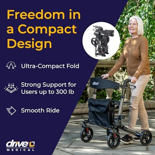 Drive Medical Compact Folding Rollator - Lightweight Foldable Walker for Seniors, 4-Wheeled Walker with Seat & Brakes, Space-Saving & Portable Travel Rollator with 8-Inch Wheels - Just 15.4 Pounds