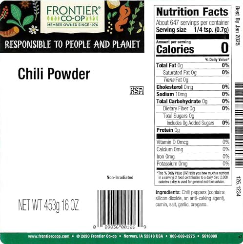 Frontier Co-op Chili Powder Blend, Traditional (no salt), Kosher, Salt-Free, Non-irradiated | 1 lb. Bulk Bag