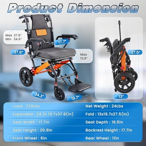 Super Lightweight Portable Transit Travel Wheelchair, Upgraded Folding Transport Wheelchairs (Weight 24lbs) for Adults and Seniors, Come with Telescopic Handle and Travel Bag