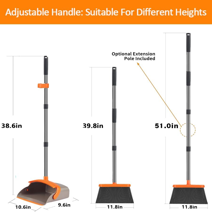 2-Pack is More economical,Upgraded Broom and Dustpan,with 52" Long Handle, Dustpan Teeth with self-Cleaning Function, Indoor and Outdoor Sweeping, Perfect for Home Office (Large Size/Orange /2-Pack)