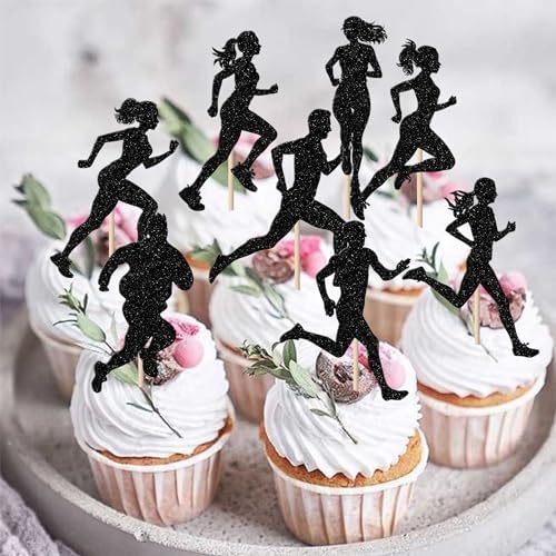24 Pack Running Cupcake Toppers Black Glitter Sports Fitness Cupcake Picks for Running Theme Boys Girl Kids Birthday Party Cupcake Decorations Supplies