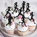 24 Pack Running Cupcake Toppers Black Glitter Sports Fitness Cupcake Picks for Running Theme Boys Girl Kids Birthday Party Cupcake Decorations Supplies