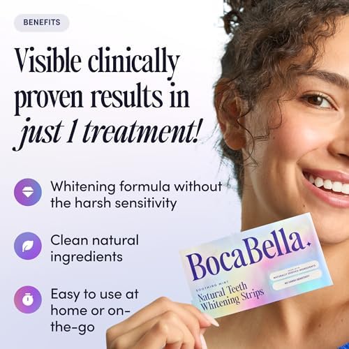 BocaBella Natural Teeth Whitening Strips - 100% Sensitivity-Free, Whitens 8 Shades in 14 Days, Peroxide-Free, Enamel-Safe, Papaya & Pineapple Enzymes, Aloe & Coconut Oil, 7 Treatments (14 Strips)