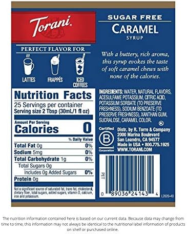 Torani Sugar Free Syrup, Caramel, 25.4 Fl Oz, (Pack of 4)