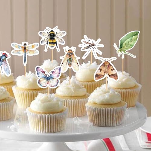 Ercadio 32 Pcs Insect Theme Cupcake Toppers Dragonflies Bees Flies Butterflies Moths Cupcake Pick Decorations for Insect Theme Baby Shower Birthday Party Cake Decorations Supplies