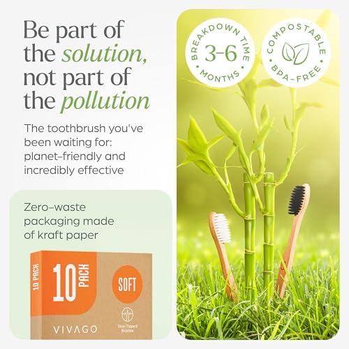 VIVAGO Soft Flossing Bamboo Toothbrushes 10 Pack - BPA Free Soft Bristles Toothbrushes for Adults, Natural Wooden Toothbrush