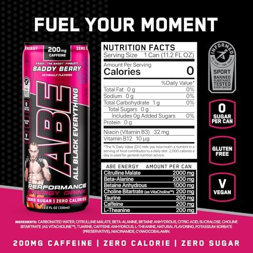 All Black Everything Performance Energy Drink | Zero Calories, Sugar Free | 200mg Caffeine | Beta Alanine & Citrulline | Pre-Workout Sport Drink for Men & Women | Baddy Berry | 12 Pack
